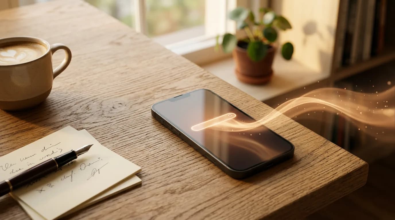 Schermo di smartphone con la barra di ricerca Google illuminata che si espande, circondata da appunti a mano e una tazza di caffè su scrivania in legno: l'idea della ricerca che diventa conversazione