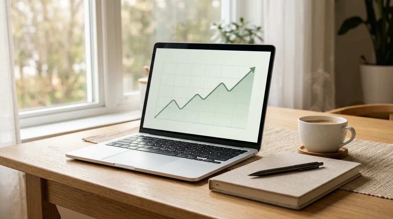 Scrivania in legno chiaro con laptop che mostra un grafico di crescita, taccuino, penna e tazza di caffè, luce naturale calda