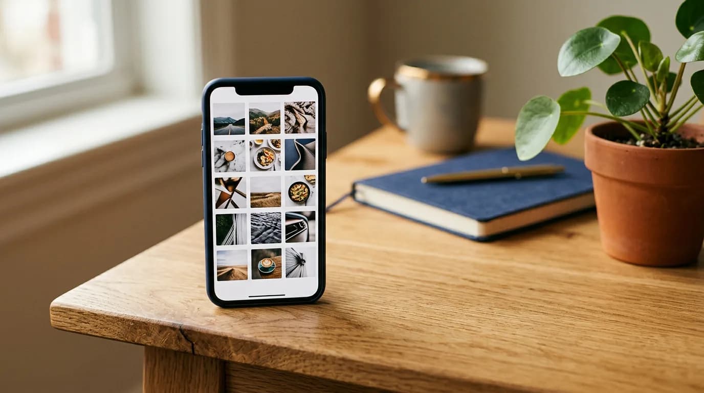 Smartphone su una scrivania in legno che mostra una griglia di foto tipo feed social, luce naturale calda