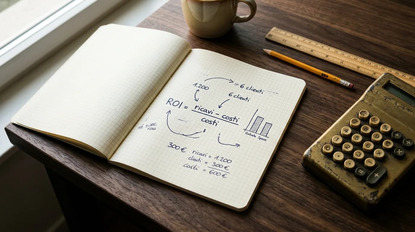 Scrivania in legno con block notes a quadretti, calcolatrice analogica, righello e una tazza di caffè: appunti scritti a mano con formule e frecce che collegano numeri