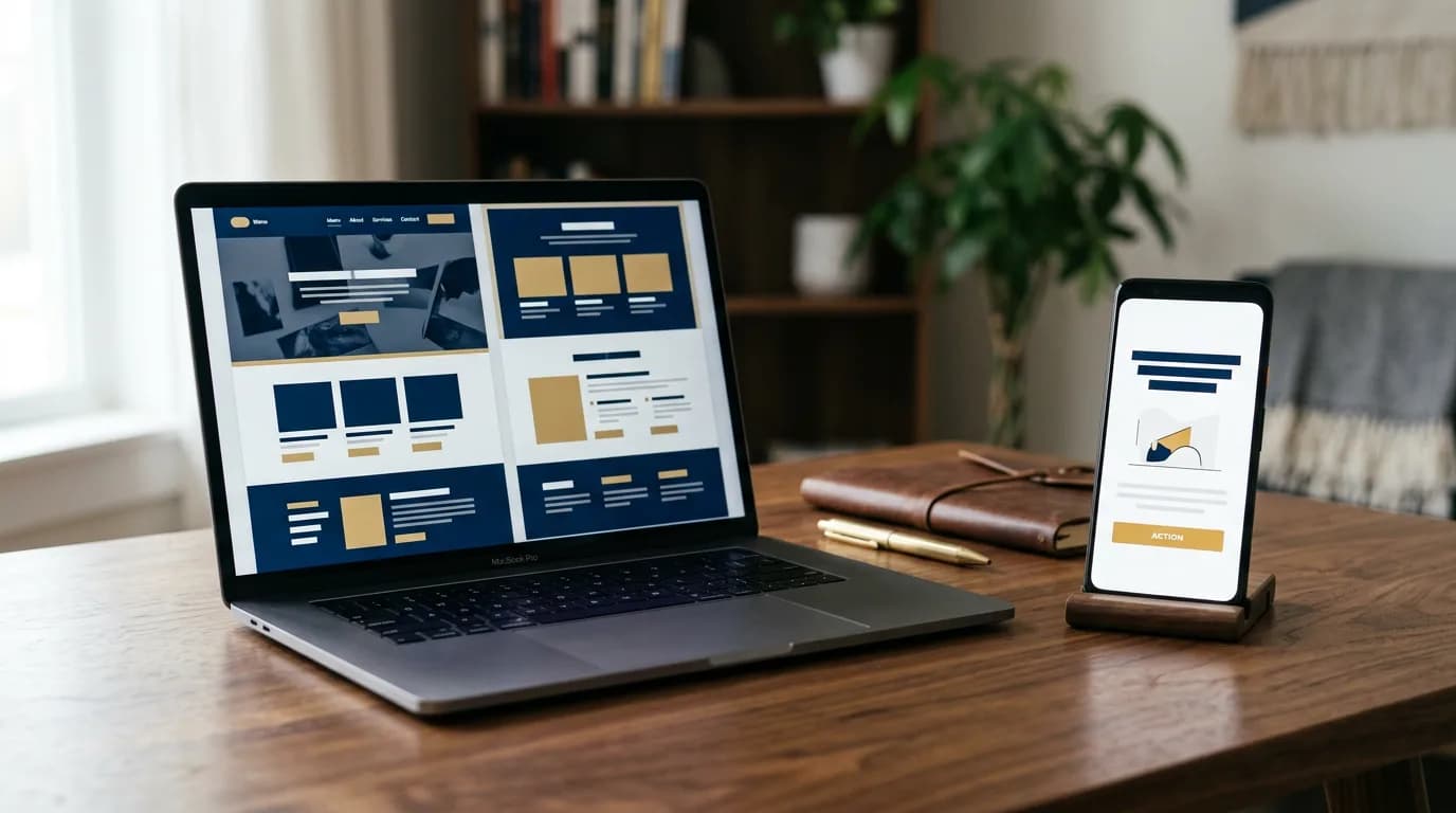 Su una scrivania in legno un laptop mostra un sito web multi-pagina con menu di navigazione, accanto uno smartphone mostra una landing page con un unico pulsante: il confronto tra sito vetrina e landing page per una PMI